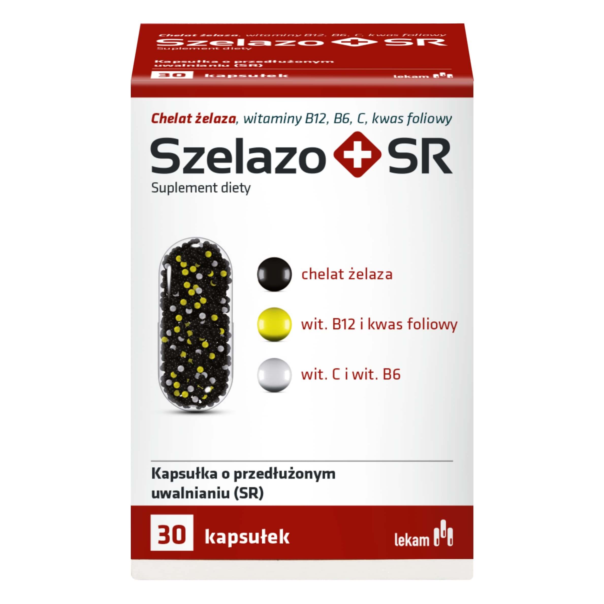 Szelazo+ SR, kapsułki z żelazem, witaminą B12 i kwasem foliowym, 30 szt.