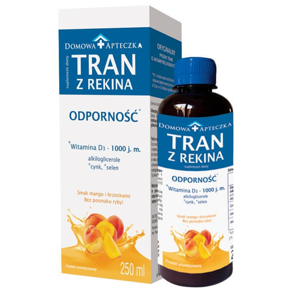 Tran z rekina, płyn o smaku mango i brzoskwini, 250 ml