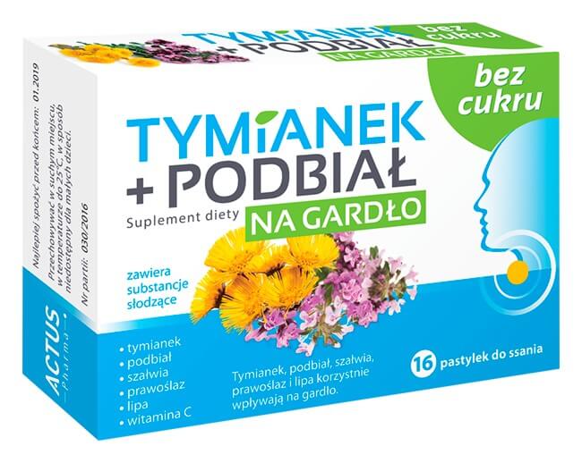 Tymianek + Podbiał  pastylki z witaminą C bez cukru, 16 szt.