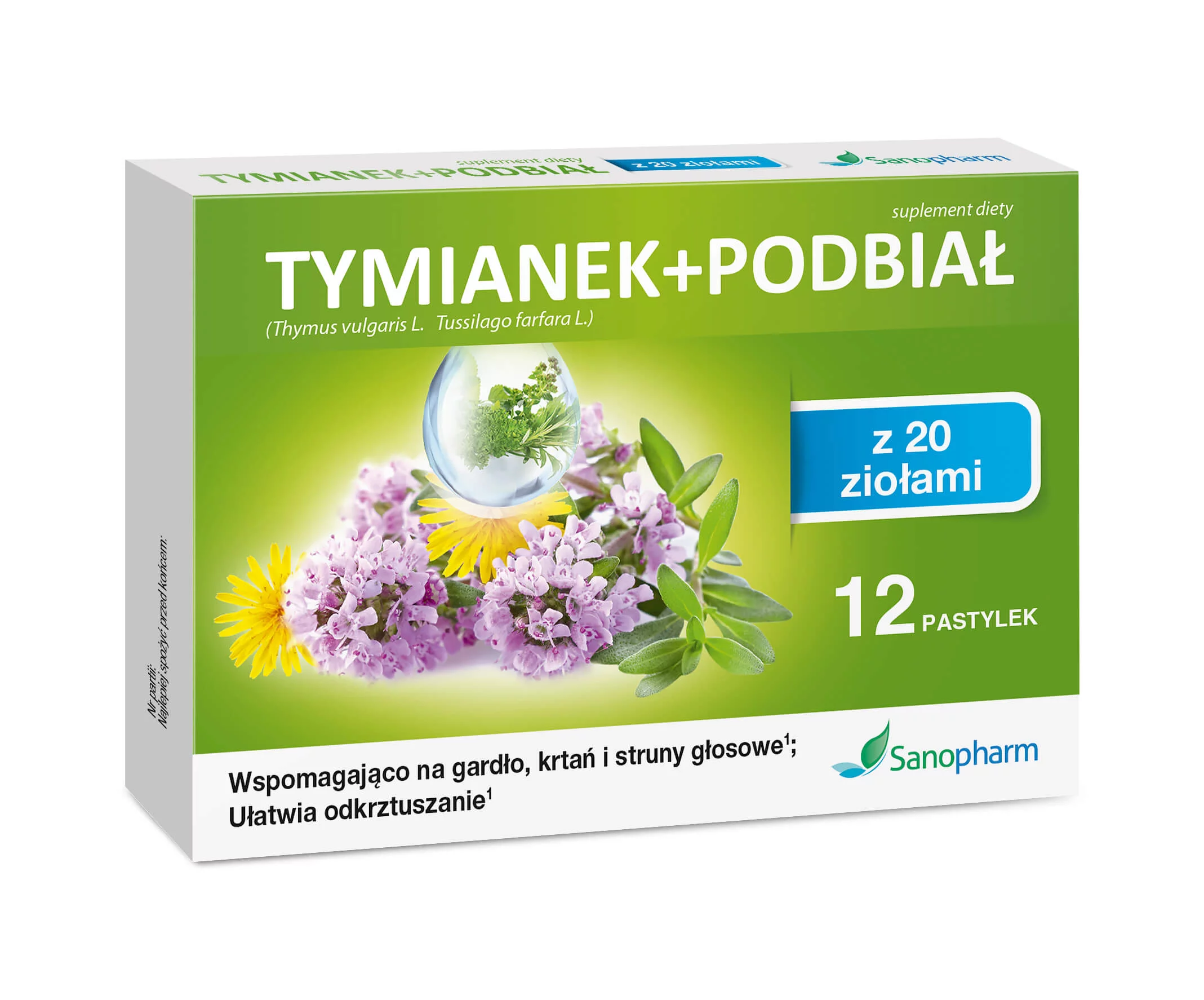 Tymianek + Podbiał z 20 ziołami , pastylki z witaminą C, 12 szt.