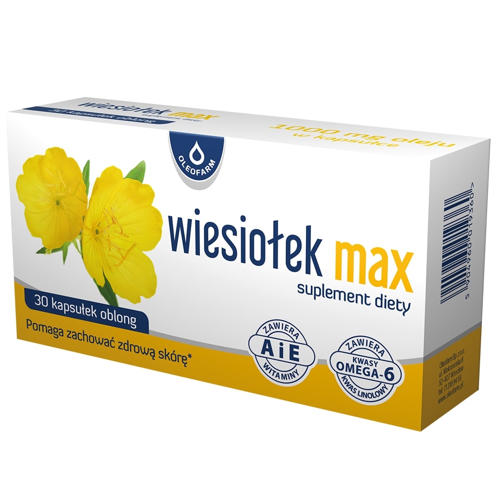 Wiesiołek MAX kapsułki typu oblong z olejem z nasion wiesiołka i witaminą A i E, 30 szt. 