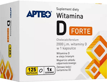 Witamina D FORTE 2000 j.m. APTEO , kapsułki ze składnikami wspomagającymi układ odpornościowy i zdrowe kości, 125 szt.