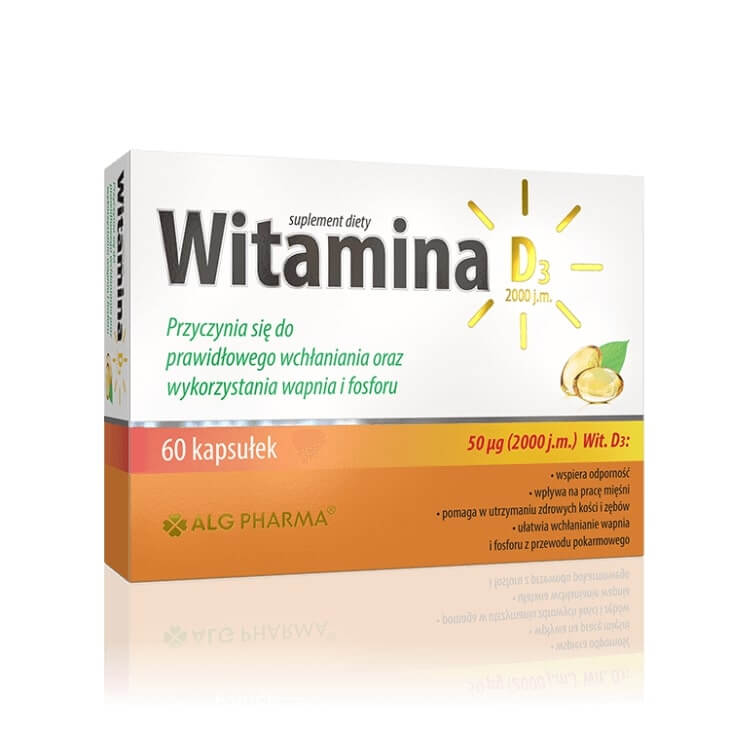 Witamina D3 2000 j.m. , kapsułki ze składnikami wspierającymi odporność i zdrowe kości, 60 szt.