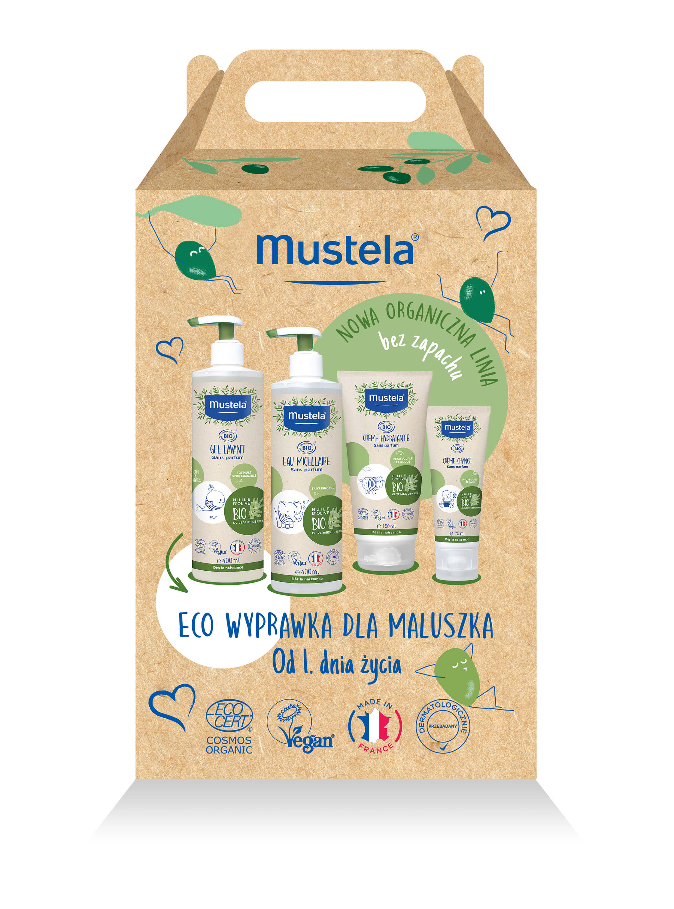 Mustela Eco Wyprawka dla Maluszka Od 1. dnia życia, zestaw: woda micelarna bez spłukiwania – 400 ml + żel do mycia ciała i włosów – 400 ml + krem nawilżający – 150 ml + krem do przewijania – 75 ml