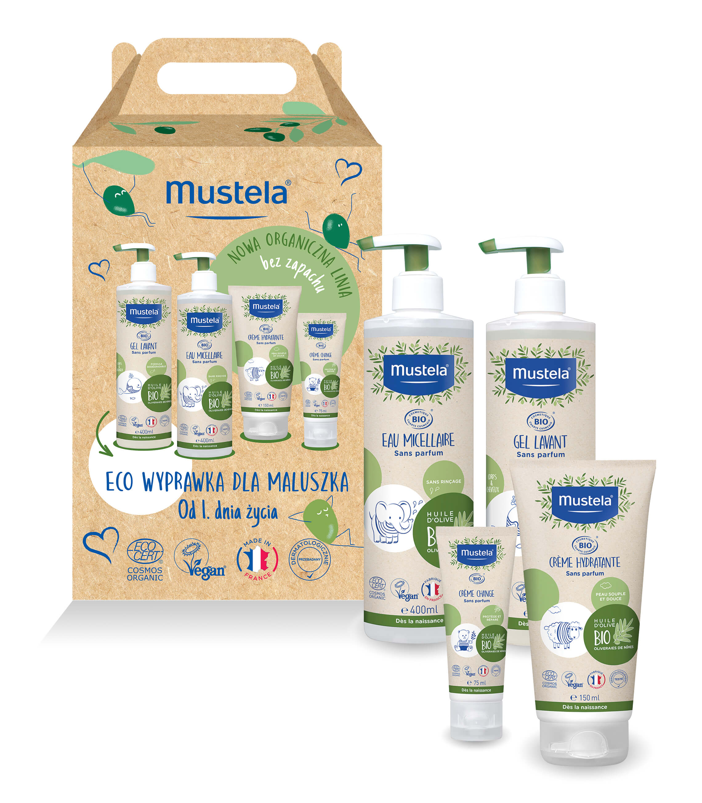 Mustela Eco Wyprawka dla Maluszka Od 1. dnia życia, zestaw: woda micelarna bez spłukiwania – 400 ml + żel do mycia ciała i włosów – 400 ml + krem nawilżający – 150 ml + krem do przewijania – 75 ml