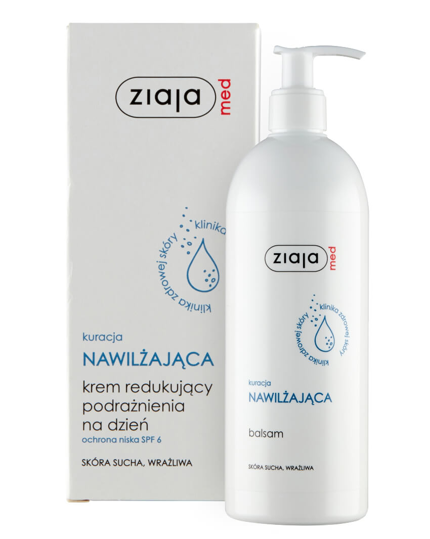 ZIAJA Ziaja Med Kuracja Nawilżająca, zestaw: krem redukujący podrażnienia na dzień SPF 6, 50 ml + balsam nawilżający, 500 ml — Składniki i ocena