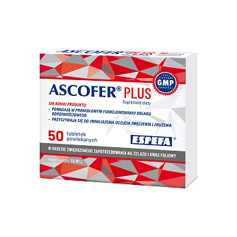 Ascofer Plus, tabletki powlekane uzupełniające dietę w witaminę C i żelazo, 50 szt.