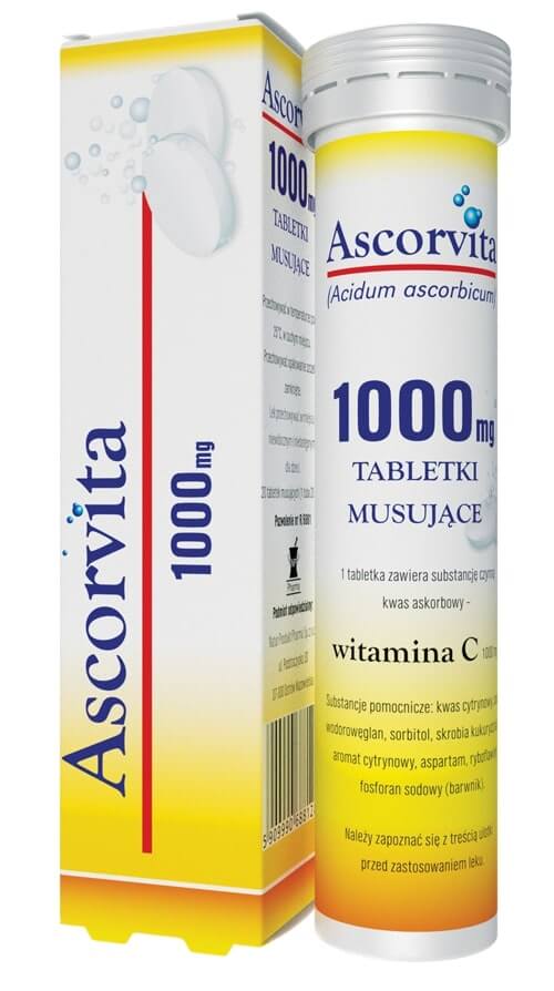 Ascorvita tabletki musujące o smaku cytrynowym z witaminą C, 20 szt.