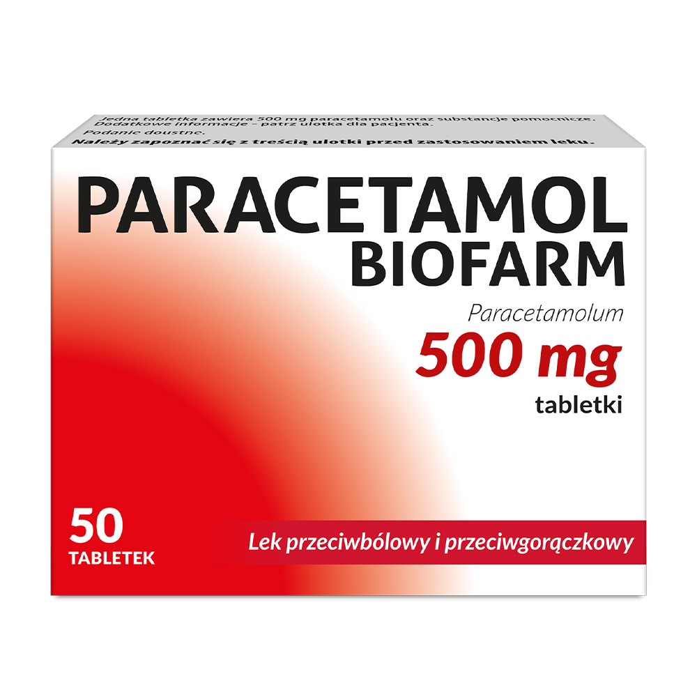 Paracetamol Biofarm 500 mg lek przeciwbólowy i przeciwgorączkowy, 50 tabletek