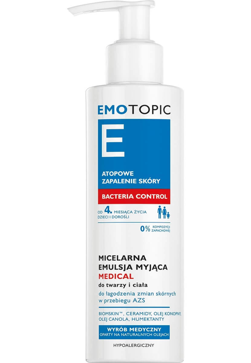 Emotopic Bacteria Control emulsja miceralna myjąca do twarzy i ciała do skóry atopowej, 190 ml