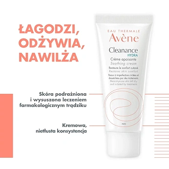 Avene Cleanance Hydra, krem łagodzący do skóry wysuszonej i podrażnionej, 40 ml