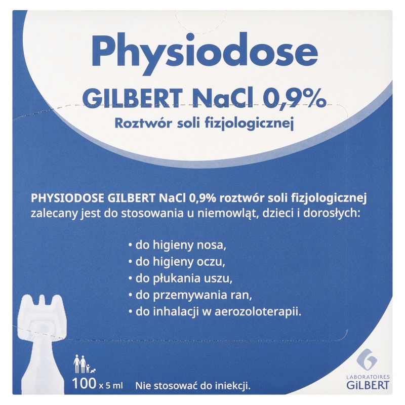 Gilbert NaCl 0,9% roztw&oacute;r soli fizjologicznej do higieny oczu, nosa, przemywania ran, 100 ampułek 5 ml