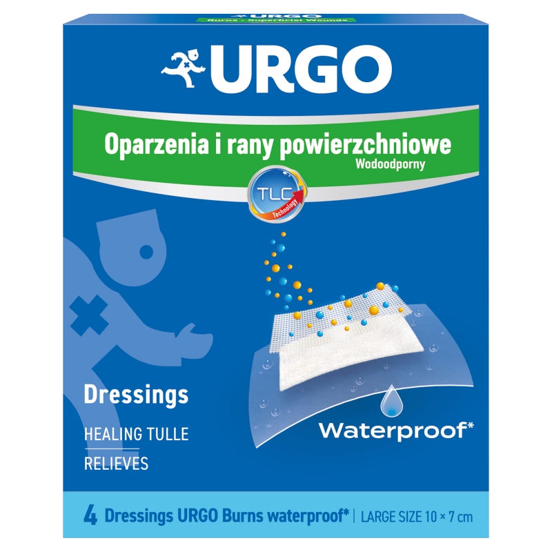 URGO  opatrunek na oparzenia i rany powierzchniowe, wodoodporny, 10 x 7 cm, 4 szt.
