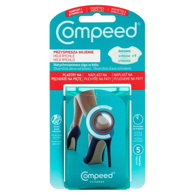 Compeed Plastry na pęcherze na piętę, uśmierzający ból wspomagające gojenie się ran, rozmiar średni, 5 szt.   