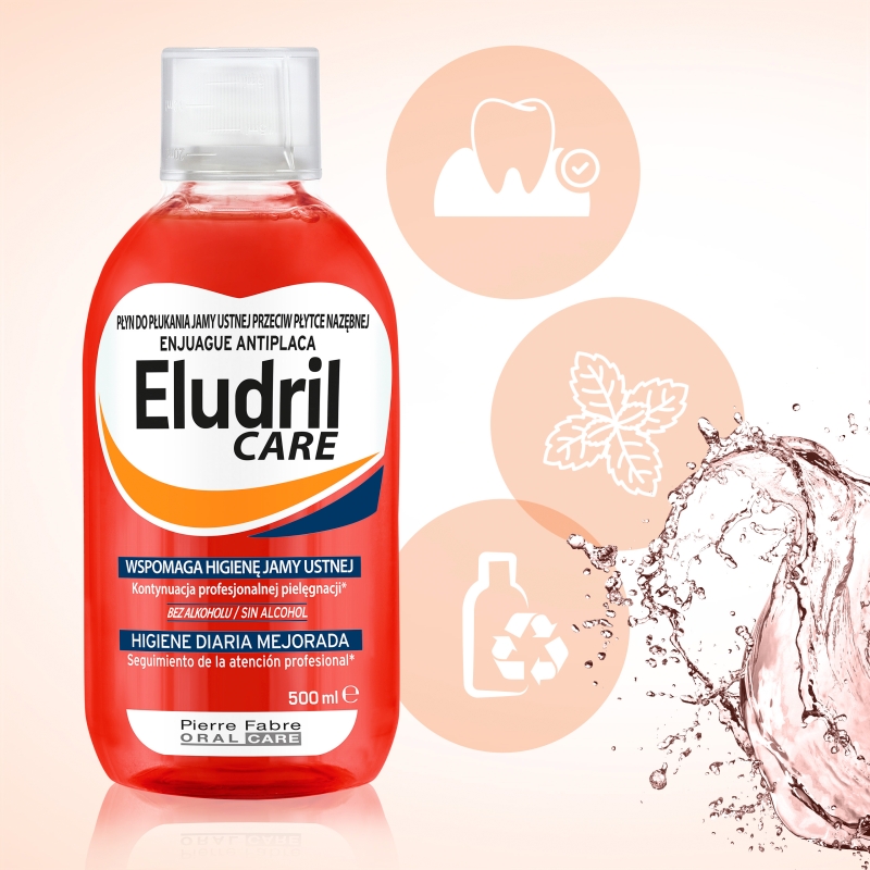 Eludril Care , płyn do płukania zapobiegający odkładaniu się płytki nazębnej, 500 ml