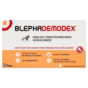 BlephaDemodex, chusteczki do łagodzenia objawów infekcji powiek nużeńcami, 30 szt.