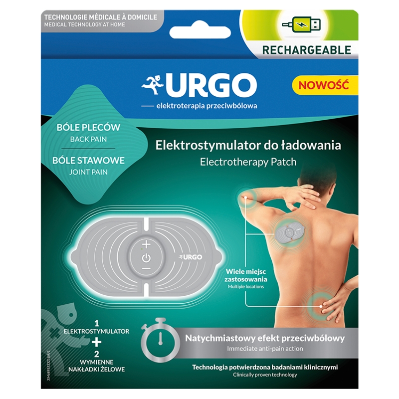 URGO Elektrostymulator do ładowania , na bóle pleców i stawów, 1 elektrostymulator + 2 wymienne nakładki żelowe