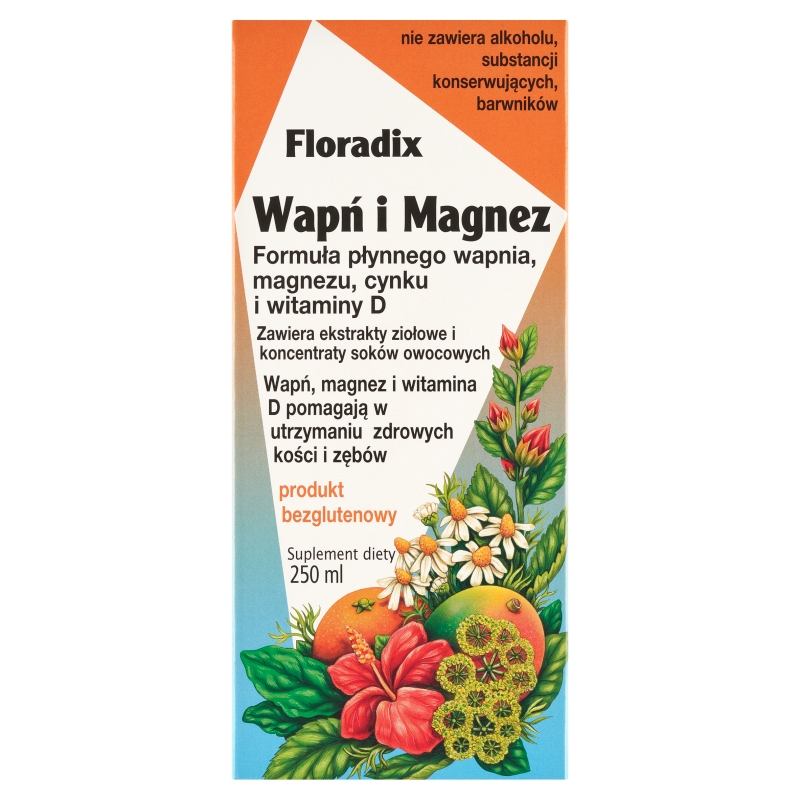 Floradix Wapń i Magnez  płyn z formułą płynnego wapnia magnezu cynku i witaminy D, bezglutenowy, 250 ml 