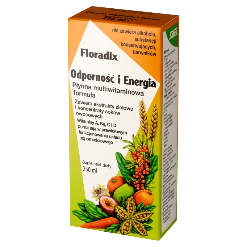 Floradix Odporność i Energia, płynna multiwitaminowa formuła z ekstraktami ziołowymi i koncentratami soków owocowych, 250 ml