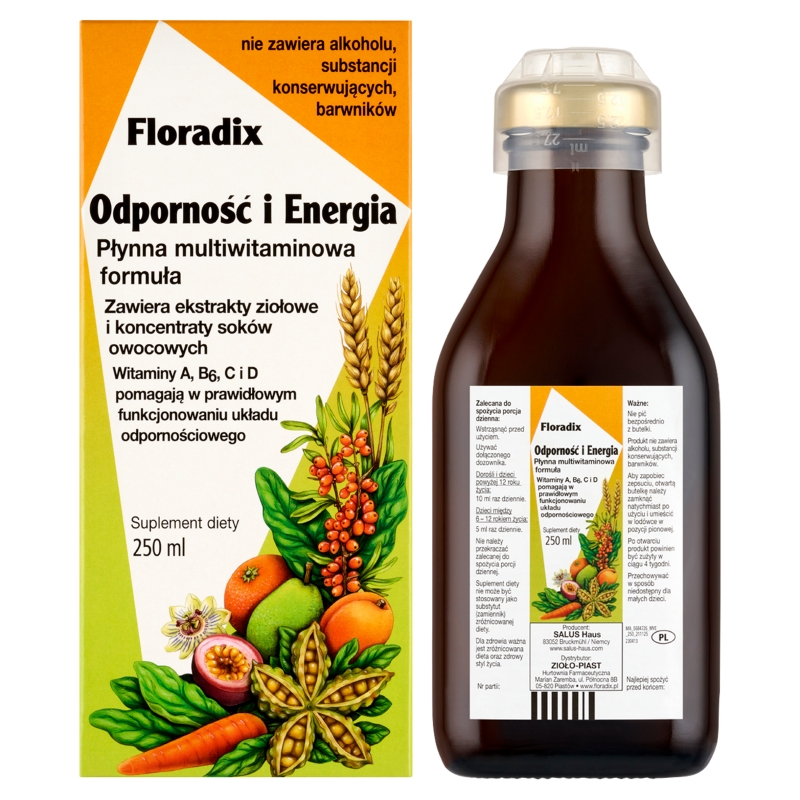 Floradix Odporność i Energia, płynna multiwitaminowa formuła z ekstraktami ziołowymi i koncentratami soków owocowych, 250 ml