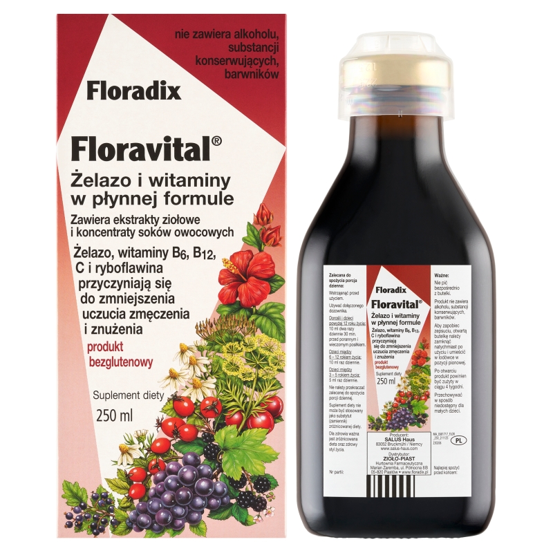 Floradix Floravital , płyn z żelazem i witaminami z grupy B, bezglutenowy, 250 ml