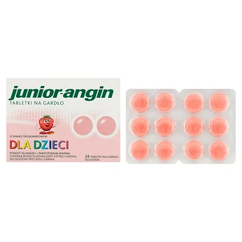 Junior-Angin, tabletki do ssania na ból gardła smak truskawkowy, 24 szt.