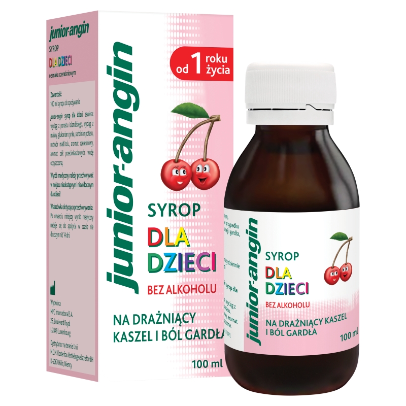 Junior-Angin, syrop na kaszel i ból gardła smak czereśniowy, 100 ml