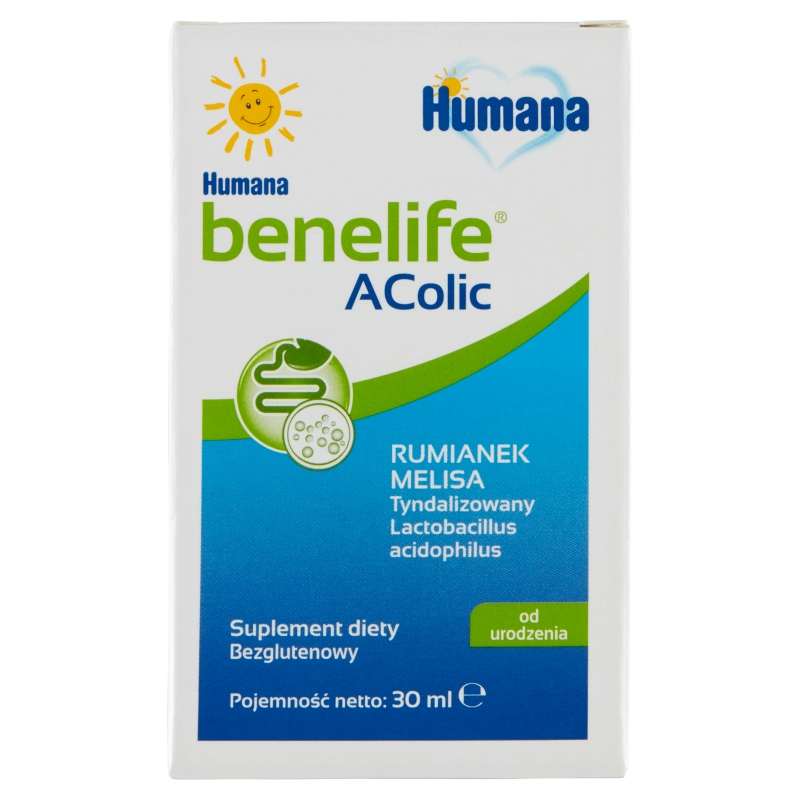 Humana benelife AColic  płyn z rumiankiem i melisą wspomagającymi w kolkach u dzieci, 30 ml