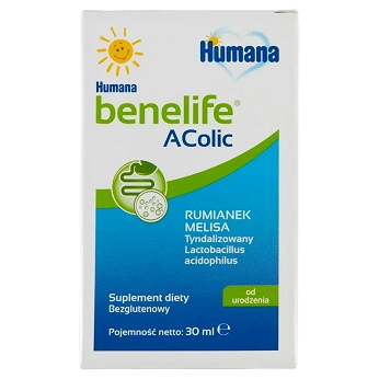 Humana benelife AColic, płyn z rumiankiem i melisą wspomagającymi w kolkach u dzieci, 30 ml