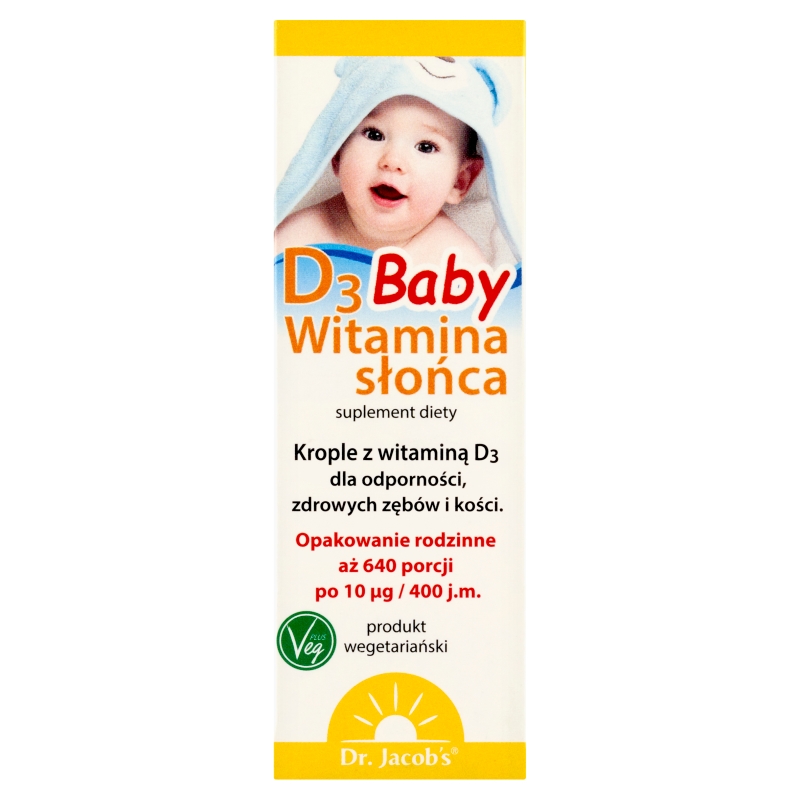 Dr.Jacobs Witamina słońca D3 Baby krople ze składnikami wspierającymi odporność, zdrowe zęby i kości, 20 ml