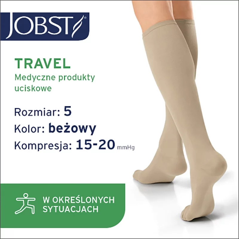 JOBST Travel, podkolanówki uciskowe dla podróżujących 15-20mmHg rozmiar 5 beż, 1 para