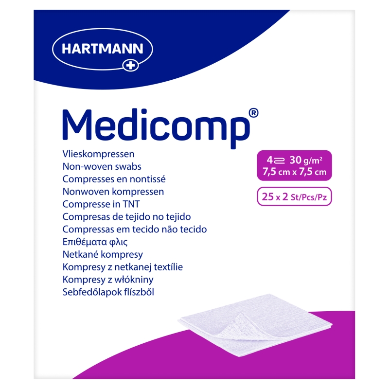 Kompresy MEDICOMP 4  4-warstwowe, 7,5 x 7,5 cm z włóknami jałowymi, 50 szt.