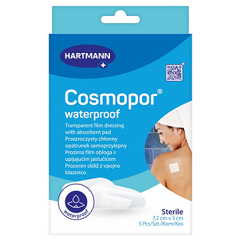 Cosmopor waterproof , opatrunek samoprzylepny przezroczysty 7,2 cm x 5 cm, 5 szt.