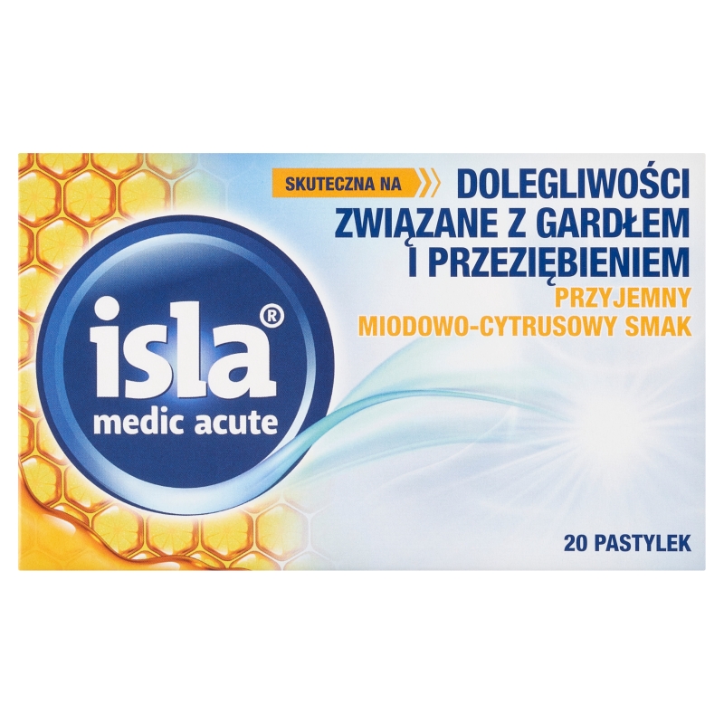 Isla medic acute  pastylki na dolegliwości związane z gardłem i przeziębieniem, o smaku miodowo-cytrusowym, 20 szt.   