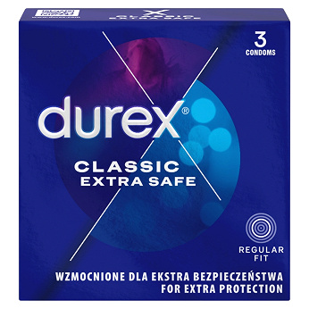 Durex Extra Safe, prezerwatywa odrobinę grubsza z większą ilością żelu nawilżającego, 3 szt.