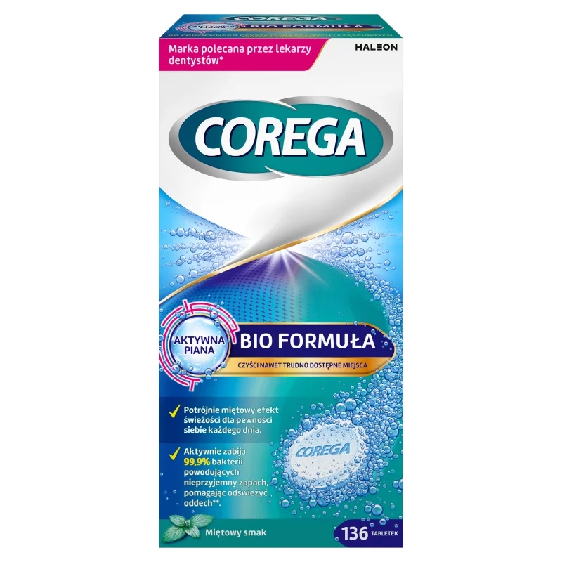 Corega Tabs Bio Formuła, tabletki do czyszczenia protez zębowych, smak miętowy, 136 szt.
