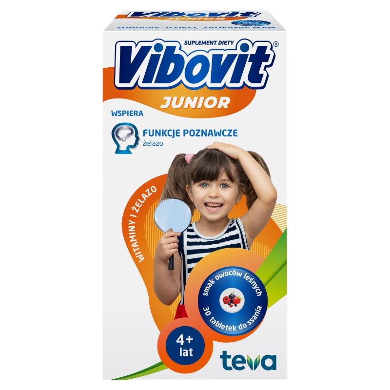 Vibovit Junior Witaminy + Żelazo tabletki do ssania z witaminami o smaku owoców leśnych, 30 szt.