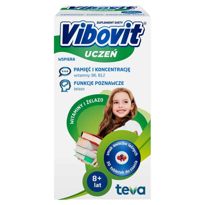 Vibovit Uczeń Witaminy + Żelazo tabletki do ssania o smaku owoców leśnych, 30 szt.