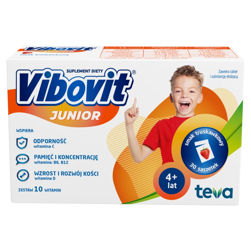 Vibovit Junior  proszek z zestawem 10 witamin o smaku truskawkowym, 30 sasz.