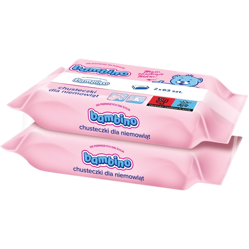 Bambino Chusteczki , dla niemowląt od 1. dnia życia, 2 opakowania po 63 szt.