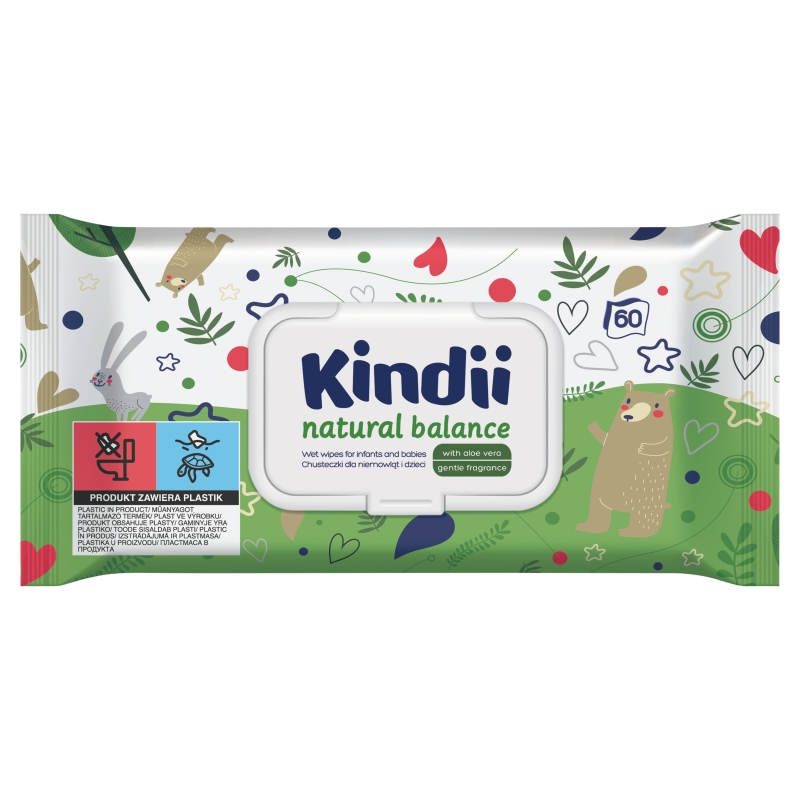 Kindii Natural Balance chusteczki nawilżające, 60 sztuk