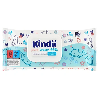 Kindii Pure Water 99% , nawilżane chusteczki dla niemowląt i dzieci, 60 szt.