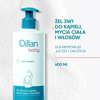 Oillan baby, żel 3w1 do kąpieli, mycia ciała i włosów, 400 ml