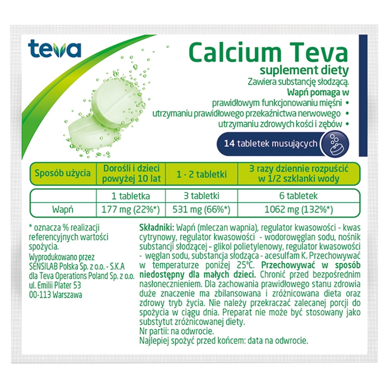 Calcium Teva, tabletki musujące ze składnikami uzupełniającymi dietę w wapń, 14 szt.