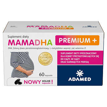 MamaDHA Premium+, kapsułki z kompozycją witamin i minerałów dla kobiet w ciąży, karmiących, 60 szt.