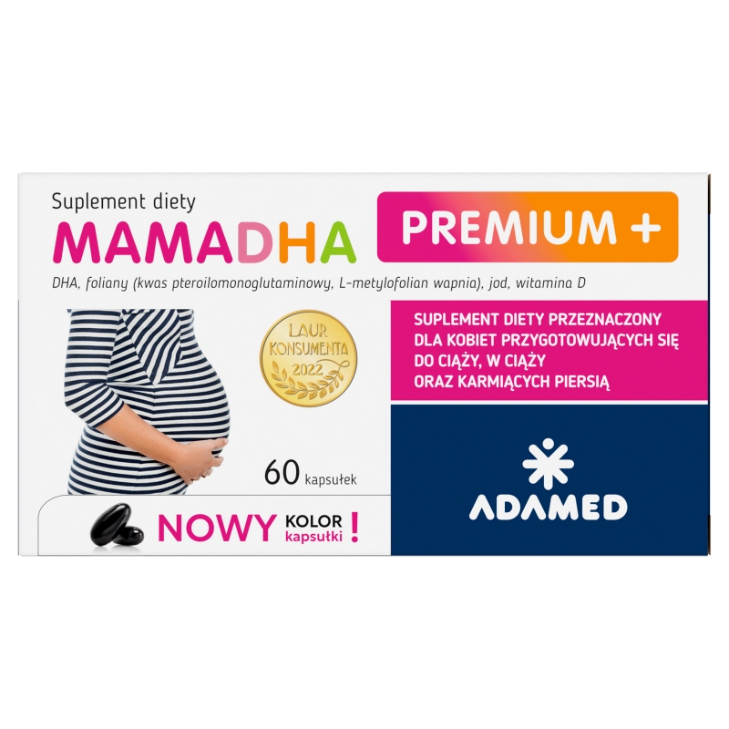 MamaDHA Premium+, kapsułki z kompozycją witamin i minerałów dla kobiet w ciąży, karmiących, 60 szt.