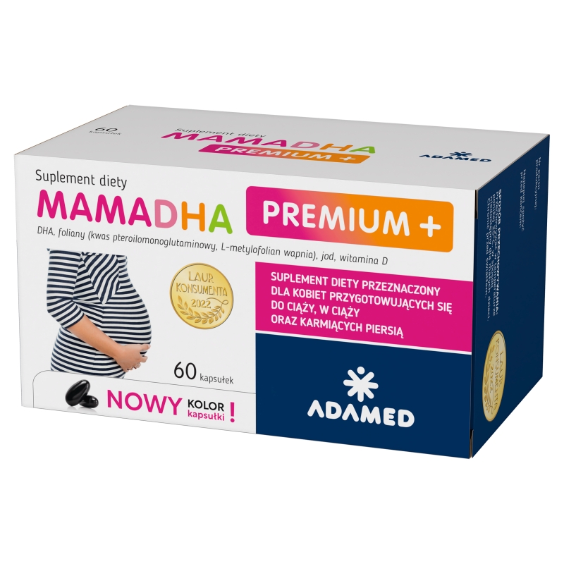 MamaDHA Premium+, kapsułki z kompozycją witamin i minerałów dla kobiet w ciąży, karmiących, 60 szt.