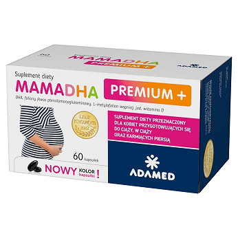 MamaDHA Premium+, kapsułki z kompozycją witamin i minerałów dla kobiet w ciąży, karmiących, 60 szt.