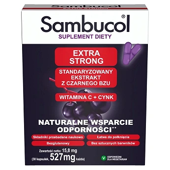 Sambucol Extra Strong, kapsułki ze składnikami wspierającymi układ odpornościowy dla dorosłych, 30 szt.