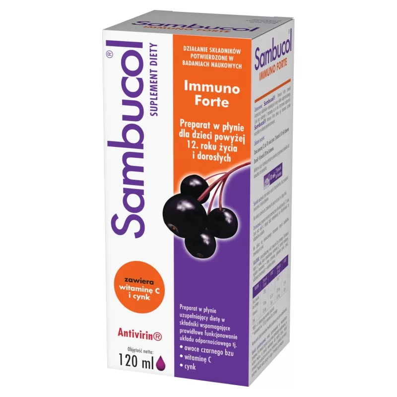 Sambucol Immuno Forte, syrop ze składnikami wspomagającymi odporność, 120 ml